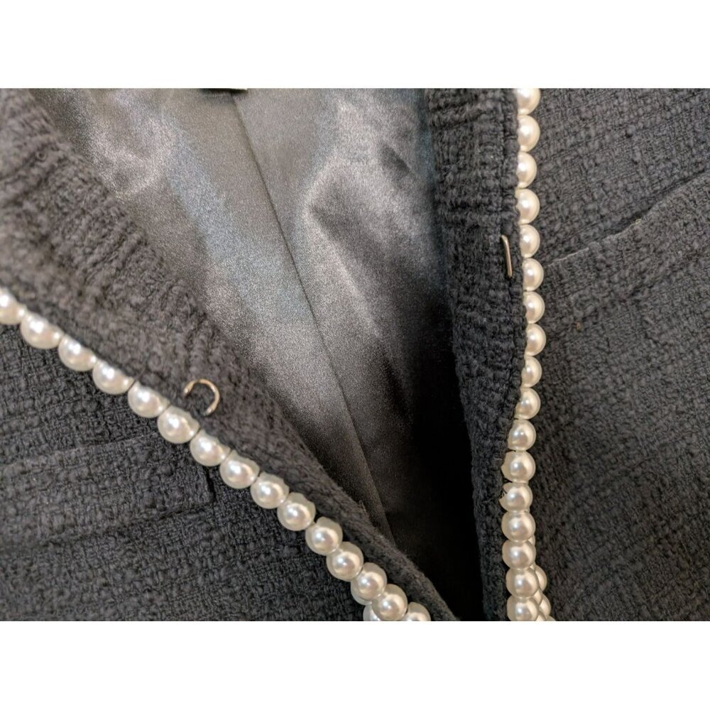 Size 14 Boston Proper Black Tweed Blazer Faux Pearls Trim - Picture 4 of 6